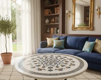 Handgefertigte weiße Marmor Inlay Couchtischplatte | Pietra Dura Blumenmuster, 60x60 cm