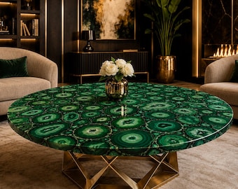 Luxury Green Agate Coffee Table, Round Gemstone Center Table, Gold Metal Base Table, Modern Living Room Decor