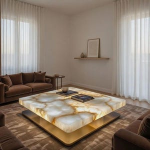 Luxury White Agate Coffee Table, Square Stone Center Table, Modern Zen Furniture