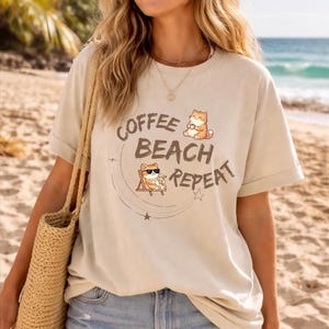 Coffee Beach Repeat Cat Shirt ,Cute Summer Cat Tee ,Beach Lover Graphic Shirt, Gildan 5000 Sand Color T-Shirt