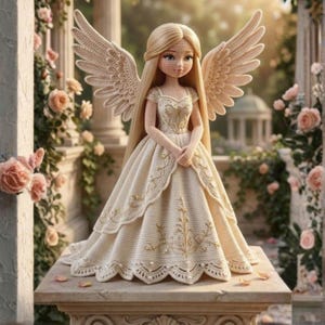May include: A handmade doll with long blonde hair, wearing a cream dress with gold embroidery and pearl details. The doll has large wings and is on a stone pedestal, surrounded by roses. The doll is made of crochet.