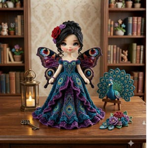 May include: A handmade crochet doll with butterfly wings and a peacock-themed dress in blue and purple hues. The doll features black hair with a red rose and is displayed with a crochet peacock and floral arrangement. A vintage key and lantern are also present.
