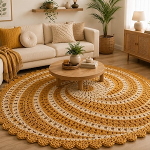 May include: A large, circular, hand-crocheted area rug featuring a spiral pattern in alternating shades of mustard yellow and cream. The rug has a textured, open-stitch design with a scalloped edge, creating a distinct radial visual effect.