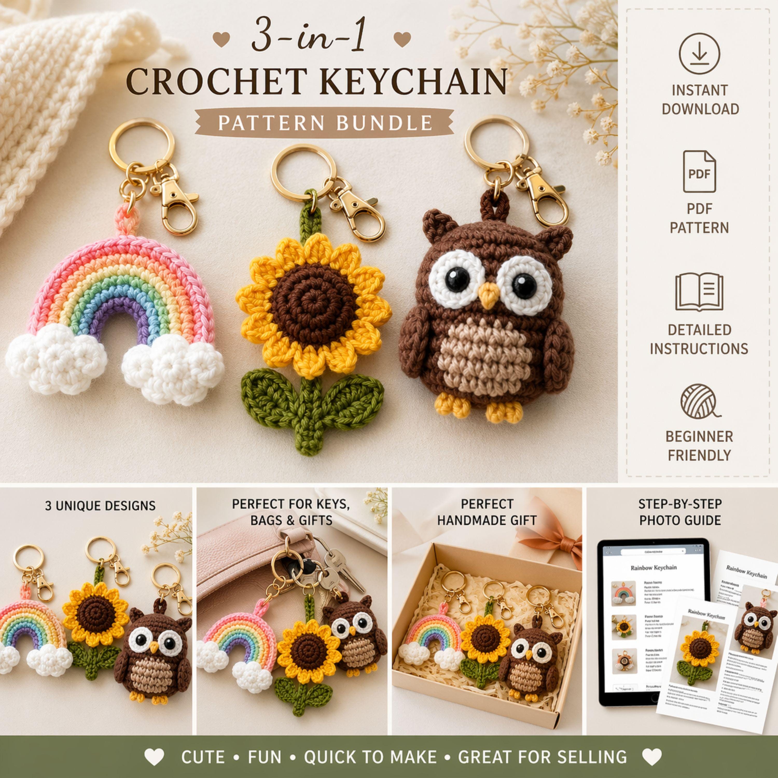 Rainbow, Sunflower, and Owl Keychain Bundle