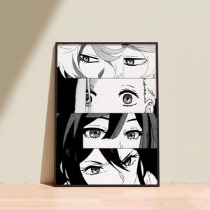 May include: A black framed print displaying four sets of anime eyes in monochrome. The eyes have diverse shapes and expressions. The artwork is presented on a light-toned wall, with a shadow visible on the wall.