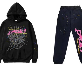 Conjunto de moletom unissex com estampa de teia de aranha preta - Calça jogger com capuz