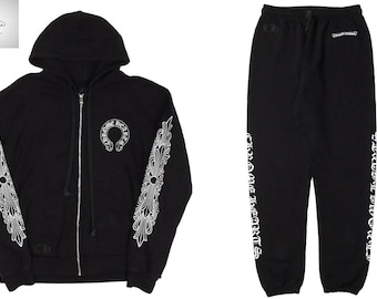 Conjunto de moletom vintage com estampa floral em ferradura e zíper preto - Calça e blusa de moletom unissex