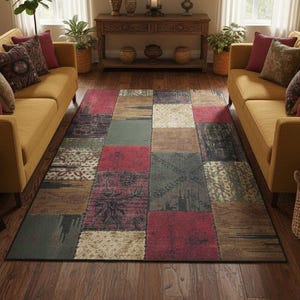 Könnte beinhalten: Ein Wohnzimmer mit einem bunten Patchwork-Teppich mit roten, grünen und beigen Quadraten. Zwei senffarbene Sofas stehen sich gegenüber und werden durch dekorative Kissen ergänzt. Der Raum ist mit Kunstwerken und Pflanzen dekoriert und schafft eine warme und einladende Atmosphäre.