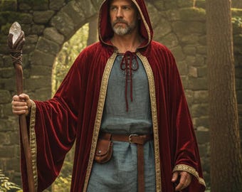 Medieval Hooded Cloak – Wizard Cape for Men in Red, Green, Blue & Black