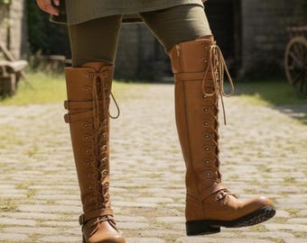 Medieval Lace-Up Boots for Women – Leather Riding Boots LARP & Cosplay