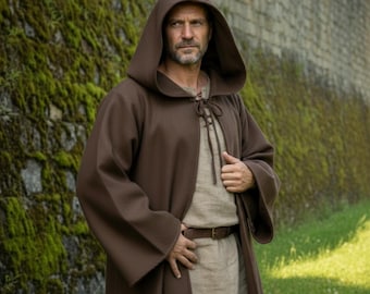 Brown Medieval Hooded Cloak – Renaissance Robe for Men and Kids