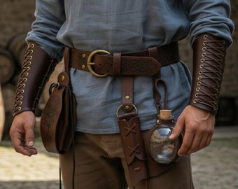 Medieval Leather Accessories Set – LARP Belt, Wrist Guards & Pouch