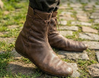 Medieval Leather Boots for Men – Brown & Black Viking Renaissance Shoes, LARP Footwear