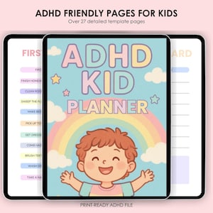 Może przedstawiać: Cyfrowy planer dla dzieci z ADHD wyświetlany na tablecie. Okładka przedstawia postać z kreskówki, tęczę i tekst "ADHD KID PLANNER". Dodatkowy tekst brzmi "ADHD FRIENDLY PAGES FOR KIDS" i "Over 27 detailed template pages."
