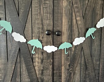 Mint green Umbrella garland- umbrella and cloud birthday garland, boy birthday party