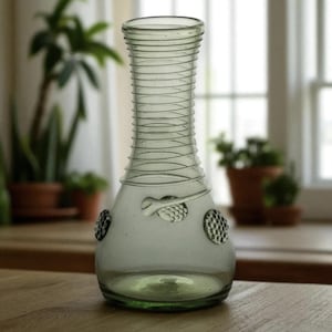 Handblown Green Glass Vase with Textured Grapes & Spiral Design | Artisan European Glass Flower Vase | Unique Bohemian Glass Decor