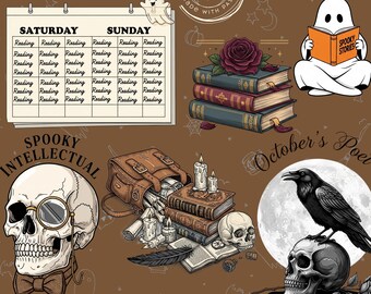 55 Halloween Dark Academia PNG Bundle, Gothic Victorian Aesthetic Clipart, Vintage Halloween, Black goth png, Dark Academia skull books png
