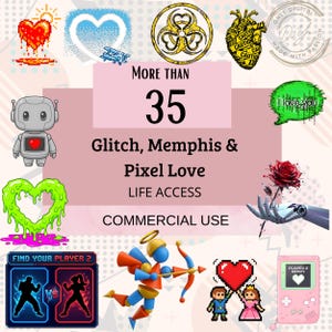 Peut inclure: Une collection numérique comprenant plus de 35 graphiques, dont un cœur pixélisé, un symbole de danger biologique, un cœur robotique, un robot gris, un cœur en slime vert, une rose rouge tenue par une main robotique et une console de jeu portable.