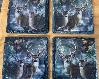 Handmade [Design/Theme] Slate Coasters – Rustic Woodland Cabin Decor – Gift Set of 4