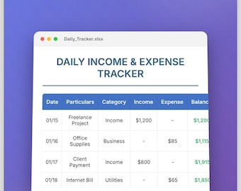 Tägliche Einnahmen und Ausgaben Tracker Excel Vorlage | Persönliche Finan zbudget Tabelle | Buchhaltung für kleine Unternehmen |
