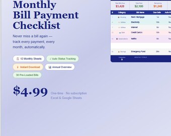 Lista de verificación de pago de facturas mensuales en Excel / Rastreador de presupuesto de 12 meses / Planificador de finanzas personales / Descarga instantánea