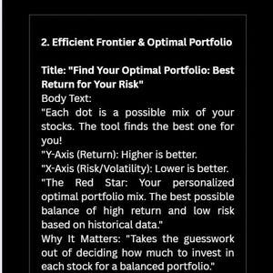 Peut inclure: Graphique noir avec du texte blanc sur l'optimisation de portefeuille. Le titre est "Find Your Optimal Portfolio: Best Return for Your Risk". Le texte explique comment trouver le meilleur m&eacute;lange d'actions pour un portefeuille &eacute;quilibr&eacute;, avec l'axe Y repr&eacute;sentant le rendement et l'axe X le risque.