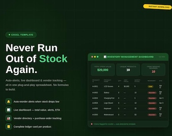 Excel Inventory Tracker | Stock Management Spreadsheet with Auto Alerts (Instant Download)