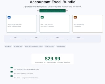 Paquete de Excel para Contabilidad / Balance de comprobación, Presupuesto vs. Real, Análisis de ratios (Descarga instantánea)