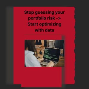 Peut inclure: Un fond rouge avec le texte "Stop guessing your portfolio risk -> Start optimizing with data." Une personne travaille sur un ordinateur portable avec du code &agrave; l'&eacute;cran. L'image est plac&eacute;e sur un fond gris fonc&eacute;.