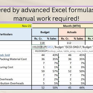 May include: A spreadsheet table showing financial data, including gross sales, net sales, and profit, with percentages and variances. The text at the top says "Powered by advanced Excel formulas - no manual work required!"
