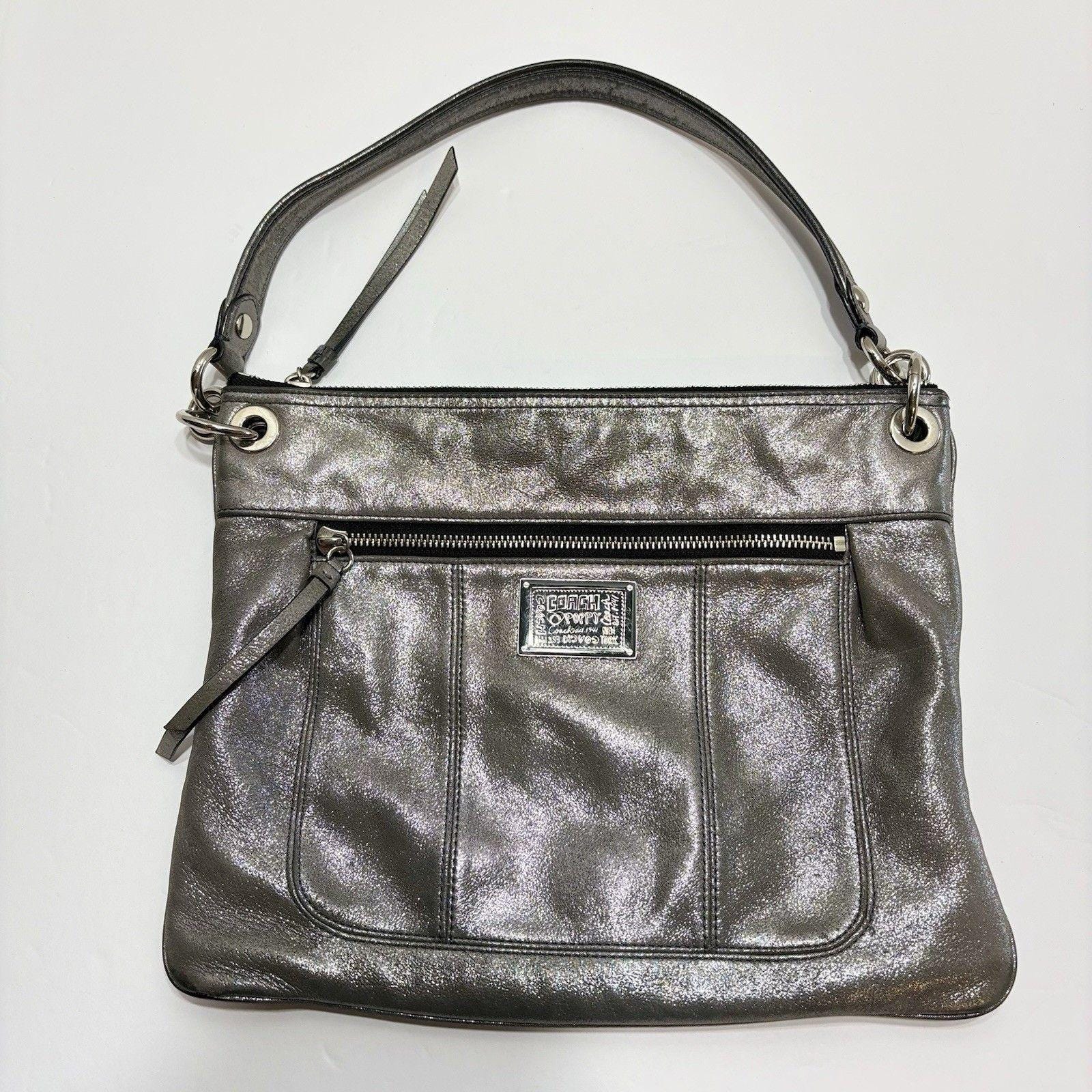 Coach Poppy Metallic Silver Leather Shoulder Bag Purse Logo Vtg 