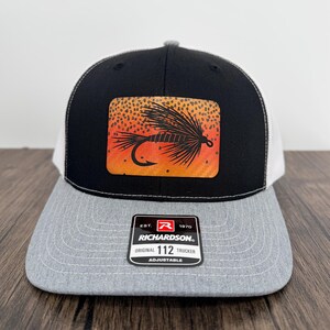 Fly Fishing Hat, Richardson 112 Trucker Cap, Cutthroat Trout Print Patch, Engraved Fishing Fly, Angler Gift for Him