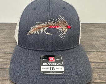 Embroidered Fly Fishing Fly Hat on Richardson 115 (6-panel) heather navy/ight grey