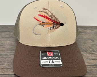 Embroidered Fly Fishing Fly Hat on Richardson 115 (6-panel) tan/loden green/brown