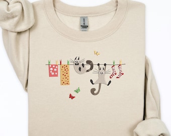 Embroidered Cat Shirt, Cat Mom Sweatshirt, Cats on Clothesline Embroidery Tee, Cat Lover Gift, Cute Cat Crewneck