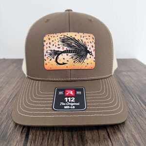 Fly Fishing Hat, Richardson 112 Trucker Cap, Brown Trout Print Patch, New Engraved Fishing Fly, Trout Angler Gift for Him