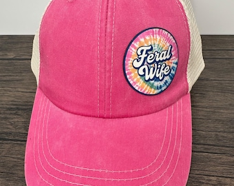 Feral Mom Trucker Hat - Pink Tie Dye Patch Cap
