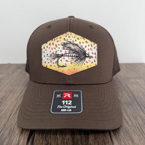 Fly Fishing Hat, Richardson 112 Coffee Trucker Hat, Brown Trout Print Hexagon Patch, Fishing Fly Hat, Angler Gift for Him