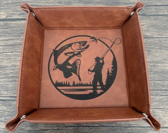 Laser Engraved Fly Fishing Valet Tray | Trout Leatherette Organizer