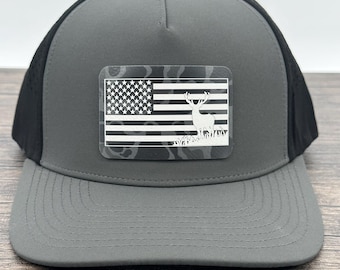 Deer Hunting Hat, Buck and American Flag Patch Hat, Durra-Bull Trucker Cap, Camo Hunting Hat, Gift for Hunter