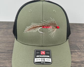 Embroidered Fly Fishing Fly Hat on Richardson 115 (6-panel) loden/black hat