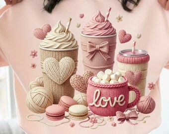 Yarn Valentine Coffee PNG, Knit Cocoa Cups, Hearts (Digital Download)