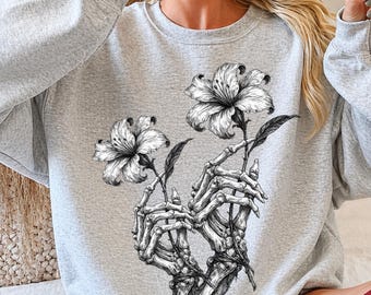 Skeleton Hands Flower PNG, Gothic Floral Skull Design, Dark Line Art, Tattoo Style