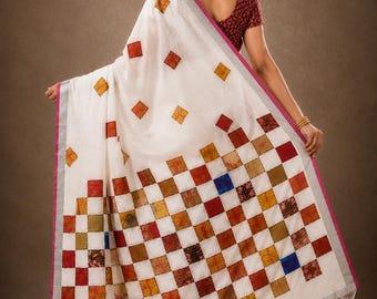 White Mal Cotton Baul Kantha Saree with Appliqué Patchwork