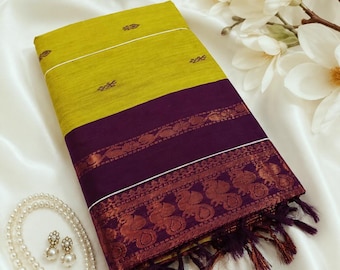 Sari festivo de algodón y seda Gadwal / Sari Kalyani con borde de zari de cobre verde loro y morado