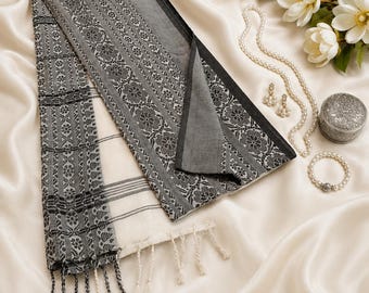 Sari de algodón Begumpuri tejido a mano en blanco y negro • Auténtico sari de algodón tejido a mano de Bengala • Ropa étnica india minimalista para mujer