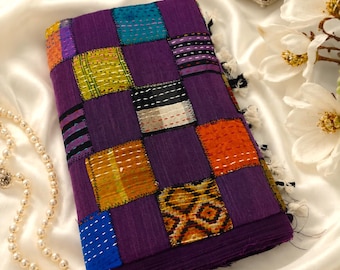 Purple Khadi Cotton Baul Kantha Saree with Appliqué Patchwork