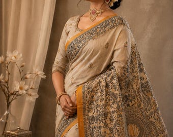 Madhubani Ghicha Tussar Saree de seda / Mithila Art Handloom Sari con pieza de blusa