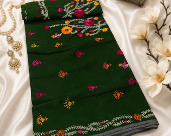 Forest Green Kantha Stitch Saree, Floral Embroidered Silk Saree with blouse, Festive Wedding Wear