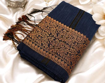 Sari azul marino de lino y algodón con borde de yute dorado / Saris festivos para mujer